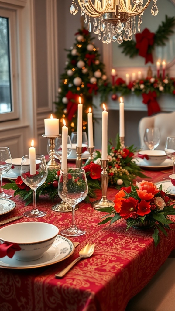 Elegant Christmas table setting with Villeroy & Boch dinnerware, festive decorations, and warm lighting.